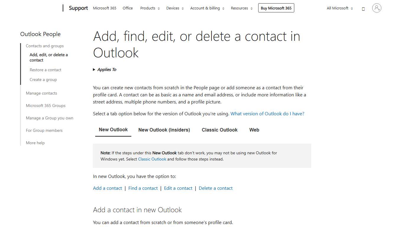 Add, find, edit, or delete a contact in Outlook - Microsoft Support